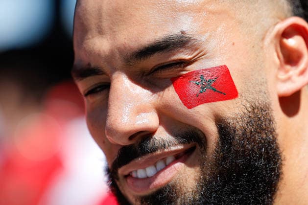 July 9, 2026; Foxborough, Massachusetts, USA; A Morocco supporter wears a facepaint flag ahead of a quarterfinal match of the FIFA World Cup, WM, Weltmeisterschaft, Fussball 2026 between France and Morocco at Boston Stadium. (c) CSM - ZUMAc04_ 20260709_zma_c04_023 Copyright: xBurtxGranofskyx