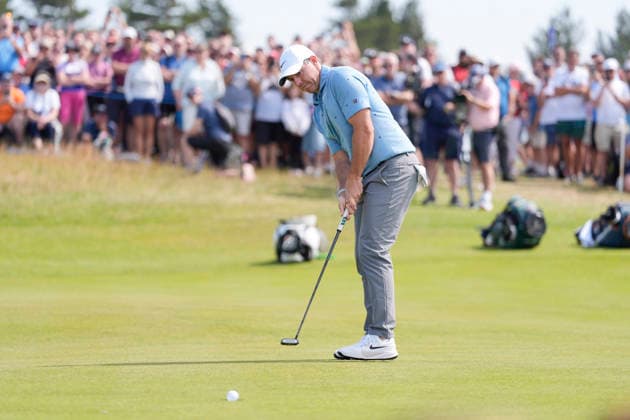 NORTH BERWICK, SCOTLAND - JULY 10: Rory McIlroy holes a birdie putt on the fifth green during Round 2 of the Genesis Scottish Open at the Renaissance Club, North Berwick on July 10, 2026 in North Berwick, Scotland Genesis Scottish Open Round 2