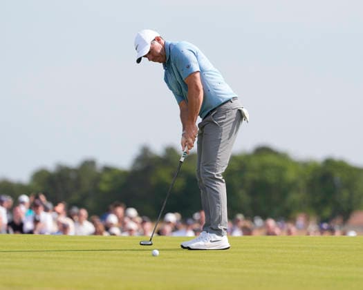 NORTH BERWICK, SCOTLAND - JULY 10: Rory McIlroy putts for birdie on the eighth green during Round 2 of the Genesis Scottish Open at the Renaissance Club, North Berwick on July 10, 2026 in North Berwick, Scotland Genesis Scottish Open Round 2