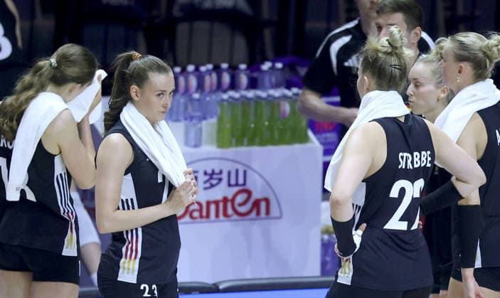 10.07.2026 Belgrade(Serbia) Germany-Netherlands Nations League women s volleyball Sarah Straube,Anne Cesar Germany react during match :