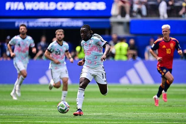 Belgium s Jeremy Doku pictured in action during a soccer game between Spain and Belgian national team, Nationalteam Red Devils, on Friday 10 July 2026 in Los Angeles, USA, in the 1 4 finals of the FIFA World Cup, WM, Weltmeisterschaft, Fussball 2026. DIRKxWAEM  x180901027x