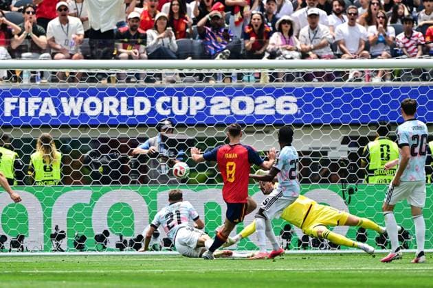 Sport Bilder des Tages Spain s Fabian Ruiz scores a goal during a soccer game between Spain and Belgian national team, Nationalteam Red Devils, on Friday 10 July 2026 in Los Angeles, USA, in the 1 4 finals of the FIFA World Cup, WM, Weltmeisterschaft, Fussball 2026. DIRKxWAEM  x180901033x