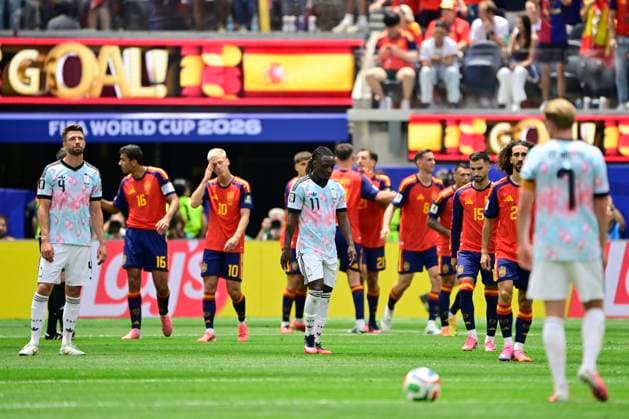 Spain vs Belgium - FIFA World Cup, WM, Weltmeisterschaft, Fussball 2026 LOS ANGELES, UNITED STATES OF AMERICA - JULY 10 : Mechele Brandon defender of Belgium reacts after the goal of Ruiz Fabian midfielder of Spain pictured during the FIFA World Cup 2026 round of 8 match between Spain and Belgium at the SoFi stadium on July 10, 2026 in Los Angeles, United States of America, 10 07 2026 Los Angeles United States of America  Copyright: xJanxDexMeuleneirx