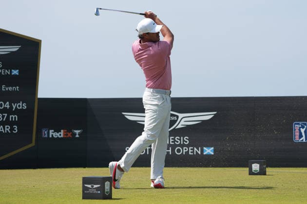 RECORD DATE NOT STATED 10th July 2026; The Renaissance Club, North Berwick, East Lothian, Scotland: Genesis Scottish Open Golf, Day Two; Brooks Koepka plays his tee shot on the 3rd hole during the second round of the Genesis Scottish Open at The Renaissance Club AlecxBrown