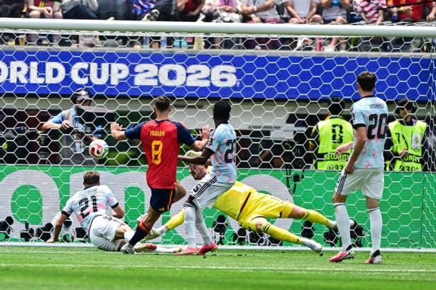 Spain s Fabian Ruiz scores a goal during a soccer game between Spain and Belgian national team, Nationalteam Red Devils, on Friday 10 July 2026 in Los Angeles, USA, in the 1 4 finals of the FIFA World Cup, WM, Weltmeisterschaft, Fussball 2026. DIRKxWAEM  x180902143x