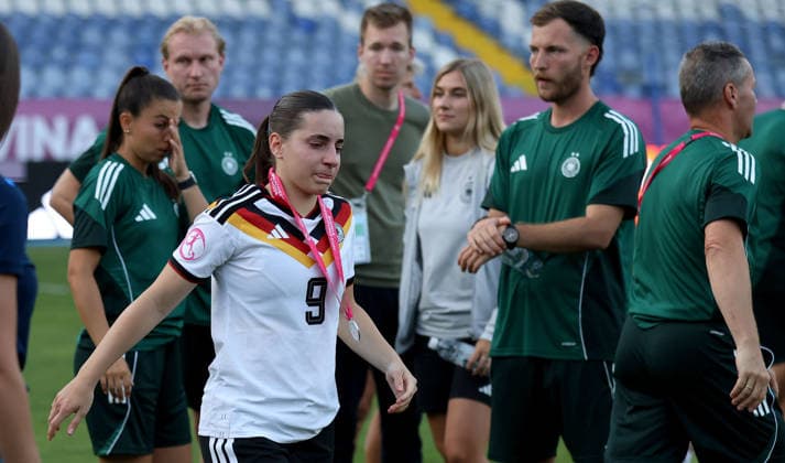 RECORD DATE NOT STATED 10.07.2026 Sarajevo(Bosnia-Herzegovina) Spain-Germany European U19 U-19 Under-19 women s football championship final Leonie Köpp Germany react after match with silver medal :S.Sandic