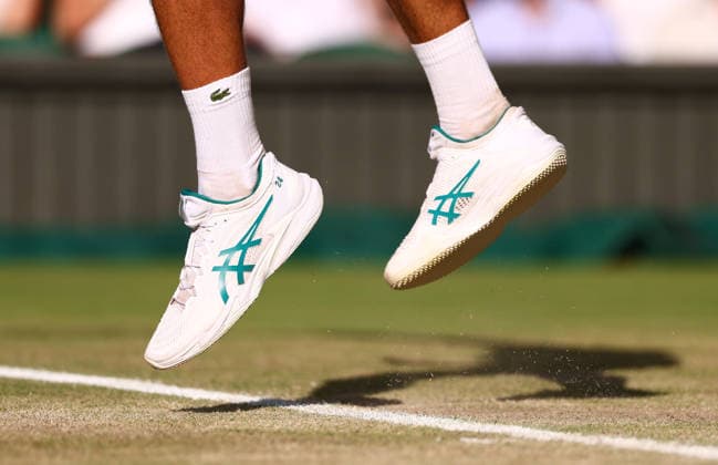 Wimbledon Championships 2026, Day 12, AELTC Wimbledon, London, UK - 10 07 2026 The Tennis Shoes of Novak Djokovic (SRB) during his semi Final match against Jannik Sinner (ITA) in the 2026 Wimbledon Championships at the AELTC London London AELTC Wimbledon London GBR, UK NEWSPAPERS OUT Copyright: xMarkxGreenwoodx