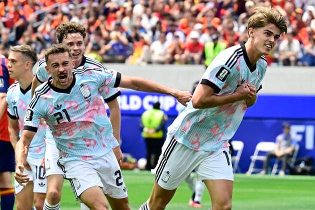 Spain vs Belgium - FIFA World Cup, WM, Weltmeisterschaft, Fussball 2026 LOS ANGELES, UNITED STATES OF AMERICA - JULY 10 : De Ketelaere Charles midfielder of Belgium celebrates scoring a goal pictured during the FIFA World Cup 2026 round of 8 match between Spain and Belgium at the SoFi stadium on July 10, 2026 in Los Angeles, United States of America, 10 07 2026 Los Angeles United States of America  Copyright: xJanxDexMeuleneirx
