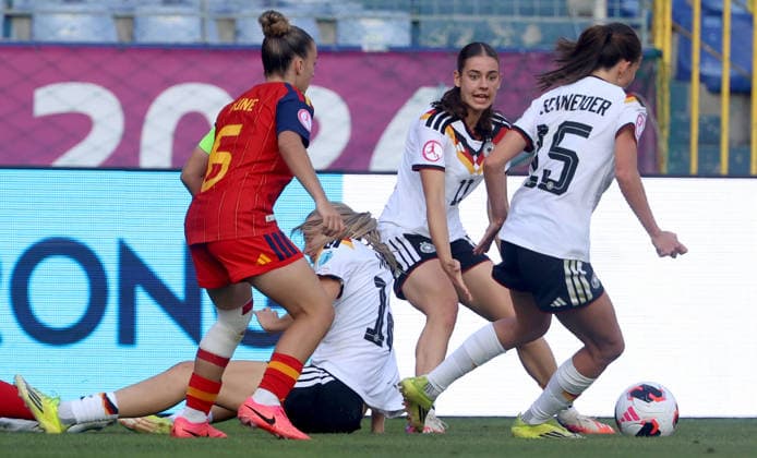 RECORD DATE NOT STATED 10.07.2026 Sarajevo(Bosnia-Herzegovina) Spain-Germany European U19 U-19 Under-19 women s football championship final Mia-Lena Maas (2L),Leni Eggert(3L) Germany during match :S.Sandic