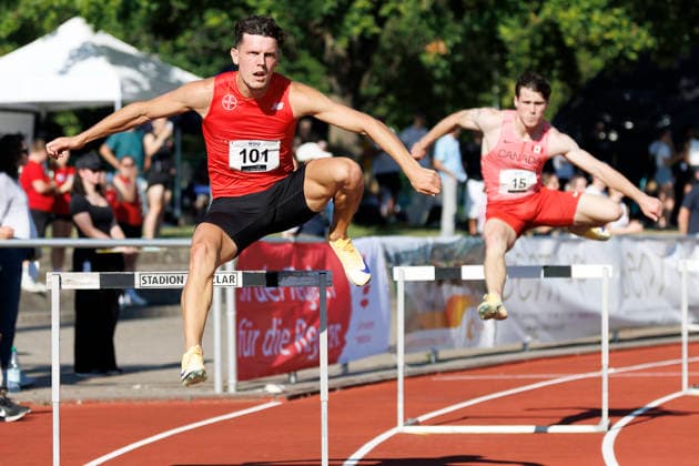 WETZLAR, GERMANY - JULY 10, 2026 : Lennart Roos (TSV Bayer o4 Leverkusen), James Kerr (Canada) competing in the 400m hurdles during the athletics meeting PUMA Fast Arms, Fast Legs at Stadion Wetzlar on July 10, 2026 in Wetzlar, Germany. Hessen Germany Copyright: xAxelxKohringx