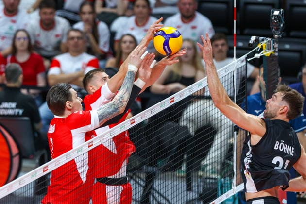 OLSZTYN 10.07.2026 TOWARZYSKI MECZ SIATKARZY: POLSKA - NIEMCY --- MENS VOLLEYBALL FRIENDLY MATCH IN OLSZTYN: POLAND - GERMANY BARTLOMIEJ LEMANSKI KAMIL SEMENIUK YANN BOHME FOT. ANNA KLEPACZKO FOTOPYK NEWSPIX.PL --- newspix.pl POLAND OUT! 