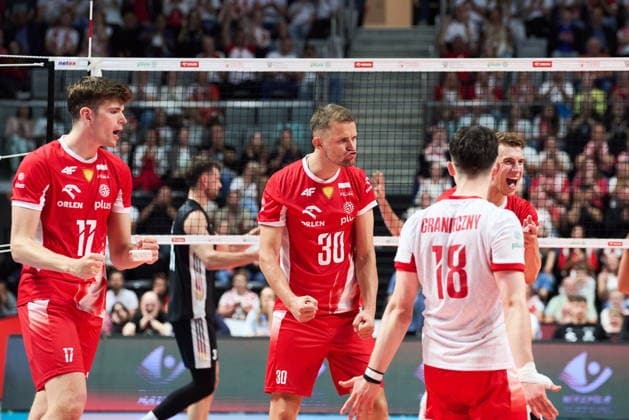 Olsztyn 10.07.2026. Volleyball. Friendly Match Team Poland vs Team Germany in Olsztyn, Poland --- Siatkowka. Mecz towarzyski pomiÄ™dzy ReprezentacjÄÖ Polski a ReprezentacjÄÖ Niemiec w Olsztynie. Persons shown: Jakub Majchrzak, Bartlomiej Boladz, Artur Szalpuk Fot. Dominika Chmura Arena Akcji NEWSPIX.PL --- newspix.pl POLAND OUT! 