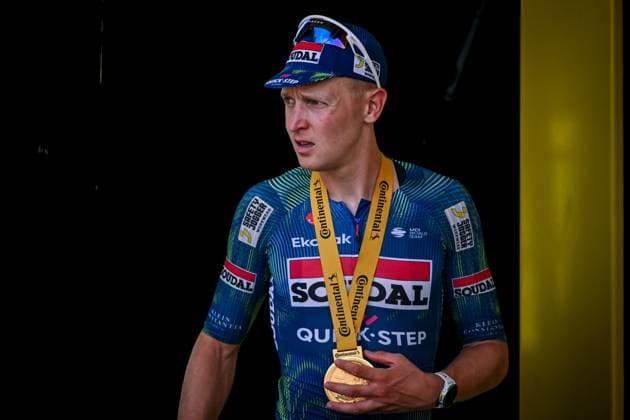 Belgian Tim Merlier of Soudal Quick-Step pictured on the podium after the stage 7 of the 2026 Tour de France cycling race, a stage of 175km from Hagetmau to Bordeaux, on Friday 10 July 2026. The 113th edition of the Tour de France starts on Saturday 4 July in Barcelona, Spain, and will finish in Paris, France on the 26th of July. DAVIDxPINTENS  x180909009x