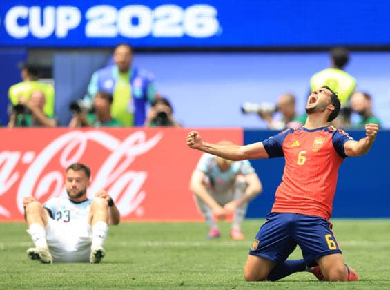 INGLEWOOD, CALIFORNIA - JULY 10: Mikel Merino of Spain celebrates after the FIFA World Cup, WM, Weltmeisterschaft, Fussball 2026 Quarter Final match between Spain and Belgium at Los Angeles Stadium on July 10, 2026 in Inglewood, United States.  Copyright: xMBxMediax