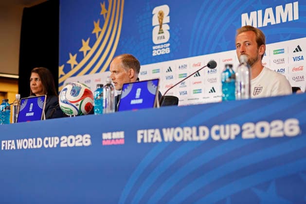 July 10, 2026, Miami, Florida, United States: Thomas Tuchel, head coach of the England and Harry Kane speaks during the press conference, PK, Pressekonferenz of England one day ahead of the FIFA World Cup, WM, Weltmeisterschaft, Fussball 2026 quarterfinals match between Norway and England, at Miami Stadium (Hard Rock Stadium) in Miami, Florida, United States on July 10, 2026. Photo: DiaEsportivo FIFA World Cup 2026, England Press Conference, Miami, United States  - ZUMAh208 20260710_zsp_h208_059 Copyright: xHeulerxAndreyx