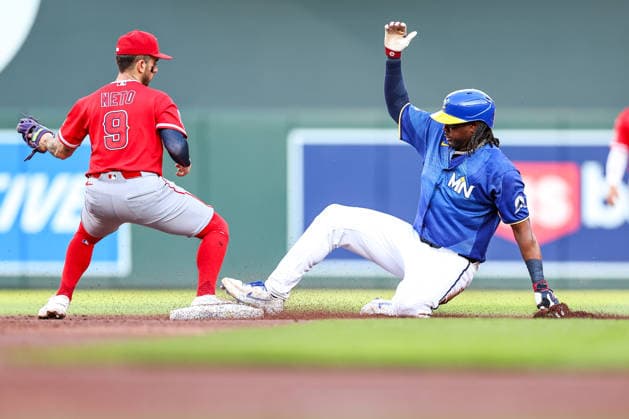July 10th, 2026: Minnesota Twins designated hitter Josh Bell (56) slides into second base for a double in the first inning during a MLB, Baseball Herren, USA Baseball game between the Los Angeles Angels and the Minnesota Twins at Target Field in Minneapolis, Minnesota. CSM Minneapolis USA - ZUMAc04_ 20260710_zma_c04_024 Copyright: xStevenxGarciax