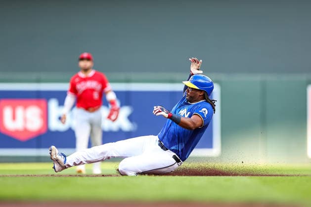 July 10th, 2026: Minnesota Twins designated hitter Josh Bell (56) slides into second base for a double in the first inning during a MLB, Baseball Herren, USA Baseball game between the Los Angeles Angels and the Minnesota Twins at Target Field in Minneapolis, Minnesota. CSM Minneapolis USA - ZUMAc04_ 20260710_zma_c04_047 Copyright: xStevenxGarciax
