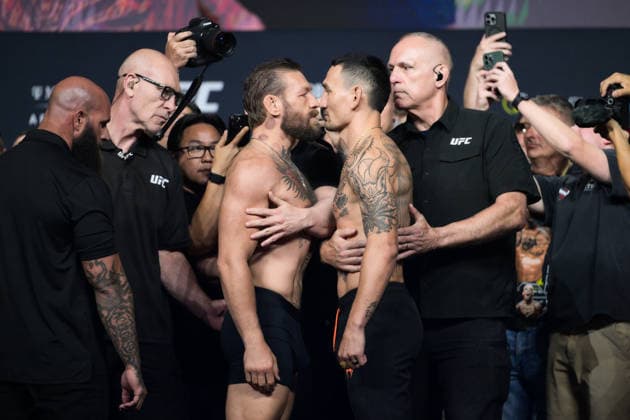July 10, 2026, Las Vegas, Nevada, USA: CONOR MCGREGOR weighed 170.5 lbs and MAX HOLLOWAY weighed 170 lbs during ceremonial weigh-in at the T-Mobile Arena in Las Vegas. UFC 329: Conor McGregor And Max Holloway Intense Face Off  - ZUMAo117 20260710_zsp_o117_003 Copyright: xMikaelxOnax