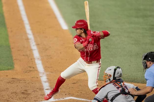 July 10, 2026, Arlington, Texas, USA: Texas Rangers second baseman NICKY LOPEZ (33) at the plate during a MLB, Baseball Herren, USA game between the Houston Astros and Texas Rangers at Globe Life Field. Rangers win 7-3. Arlington USA - ZUMAf180 20260710_zsp_f180_021 Copyright: xMarkxFannx