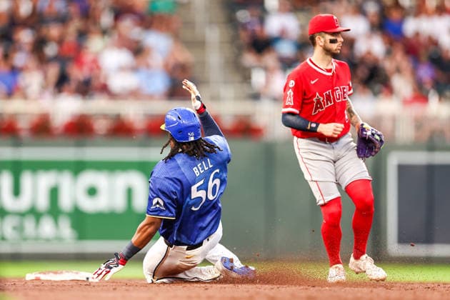 July 10th, 2026: Minnesota Twins designated hitter Josh Bell (56) slides into second base for a double in the sixth inning during a MLB, Baseball Herren, USA Baseball game between the Los Angeles Angels and the Minnesota Twins at Target Field in Minneapolis, Minnesota. CSM Minneapolis USA - ZUMAc04_ 20260710_zma_c04_083 Copyright: xStevenxGarciax