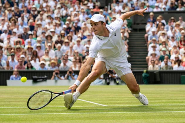 (260711) -- LONDON, July 11, 2026 -- Arthur Fery hits a return during the men s singles semifinal between Arthur Fery of Britain and Alexander Zverev of Germany at the Wimbledon Tennis Championships in London, Britain, on July 10, 2026. (Photo by Xinhua) (SP)BRITAIN-LONDON-TENNIS-WIMBLEDON-MEN S SINGLES StephenxChung 