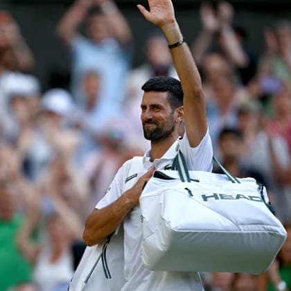 (260711) -- LONDON, July 11, 2026 -- Novak Djokovic greets the spectators after the men s singles semifinal between Jannik Sinner of Italy and Novak Djokovic of Serbia at the Wimbledon Tennis Championships in London, Britain, on July 10, 2026. ) (SP)BRITAIN-LONDON-TENNIS-WIMBLEDON-MEN S SINGLES LixYing 