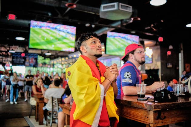 July 10, 2026, Houston, Texas, USA: ASHWIN AJUKUMAR (27) Spain supporter watches tensely at a watch party at Pitch 25 in Houston during Spain s FIFA World Cup, WM, Weltmeisterschaft, Fussball 2026 quarterfinal against Belgium, played at Los Angeles Stadium in Inglewood, California. Houston s Spain Fans Erupt As Merino s Late Winner Sends La Roja To The Semifinals  - ZUMAe130 0861305004st Copyright: xCarlosxEscalonax