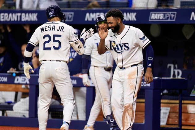 July 10, 2026, St. Petersburg, Florida, USA: Tampa Bay Rays right fielder Victor Mesa Jr. (25) gets a high five from third baseman Junior Caminero (13) after homering to right center field during an MLB, Baseball Herren, USA game against the Seattle Mariners on July 10, 2026 at Tropicana Field. The Rays beat the Mariners 7-2. St. Petersburg USA - ZUMAh180 20260710_zsp_h180_076 Copyright: xKimxHukarix