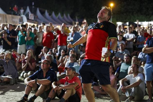 Illustration picture taken during the screening of a soccer game between Belgian national soccer team Red Devils and Spain, at the Rock Zottegem music festival on Friday 10 July 2026 in Zottegem. The quarter final of the FIFA World Cup, WM, Weltmeisterschaft, Fussball WM, Weltmeisterschaft, Fussball 2026 is shown on a large screen. NICOLASxMAETERLINCK  x180910648x IMAGO NICOLASxMAETERLINCK  x1079537257stx