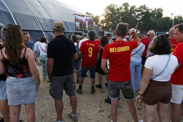 Illustration picture taken during the screening of a soccer game between Belgian national soccer team Red Devils and Spain, at the Rock Zottegem music festival on Friday 10 July 2026 in Zottegem. The quarter final of the FIFA World Cup, WM, Weltmeisterschaft, Fussball WM, Weltmeisterschaft, Fussball 2026 is shown on a large screen. NICOLASxMAETERLINCK  x180910654x IMAGO NICOLASxMAETERLINCK  x1079537325stx