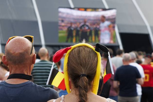 Illustration picture taken during the screening of a soccer game between Belgian national soccer team Red Devils and Spain, at the Rock Zottegem music festival on Friday 10 July 2026 in Zottegem. The quarter final of the FIFA World Cup, WM, Weltmeisterschaft, Fussball WM, Weltmeisterschaft, Fussball 2026 is shown on a large screen. NICOLASxMAETERLINCK  x180910657x IMAGO NICOLASxMAETERLINCK  x1079537434stx