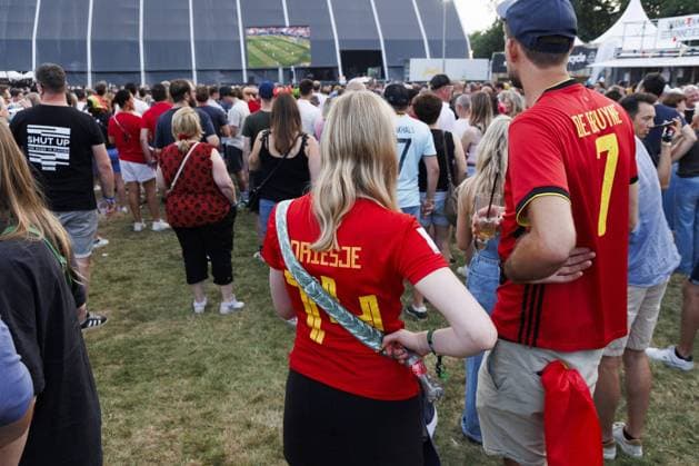 Illustration picture taken during the screening of a soccer game between Belgian national soccer team Red Devils and Spain, at the Rock Zottegem music festival on Friday 10 July 2026 in Zottegem. The quarter final of the FIFA World Cup, WM, Weltmeisterschaft, Fussball WM, Weltmeisterschaft, Fussball 2026 is shown on a large screen. NICOLASxMAETERLINCK  x180910659x IMAGO NICOLASxMAETERLINCK  x1079537555stx