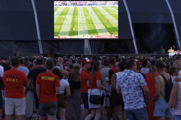 Illustration picture taken during the screening of a soccer game between Belgian national soccer team Red Devils and Spain, at the Rock Zottegem music festival on Friday 10 July 2026 in Zottegem. The quarter final of the FIFA World Cup, WM, Weltmeisterschaft, Fussball WM, Weltmeisterschaft, Fussball 2026 is shown on a large screen. NICOLASxMAETERLINCK  x180910677x IMAGO NICOLASxMAETERLINCK  x1079538090stx