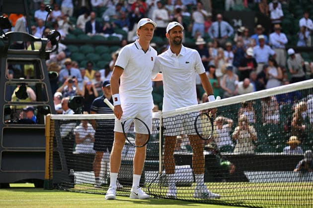 2026 Wimbledon - Semi-Final - Novak Djokovic Jannik Sinner (ITA) with Novak Djokovic (SRB) during their semi final match at the 2026 Wimbledon Championships at the AELTC in London, Great Britain, on July 10, 2026. Photo by Corinne Dubreuil ABACAPRESS.COM LONDON United Kingdom  Copyright: xDubreuilxCorinne ABACAx