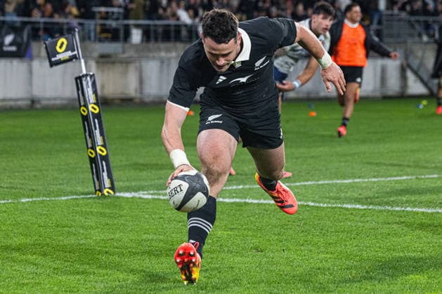 July 11, 2026, Wellington, Wellington City, New Zealand: Nations Championship 2026 - New Zealand vs. Italy: New Zealand v Italy: July 11th, 2026, Wellington, Wellington City, New Zealand: Will Jordan of New Zealand (14 centre) athletically taps the ball down to score try to become New Zealand s highest try scorer of all time during the Nations Championship 2026 fixture between the New Zealand and Italy at the Hnry Stadium in Wellington. Wellington New Zealand - ZUMAf189 20260711_zsp_f189_019 Copyright: xJamesxFoyx