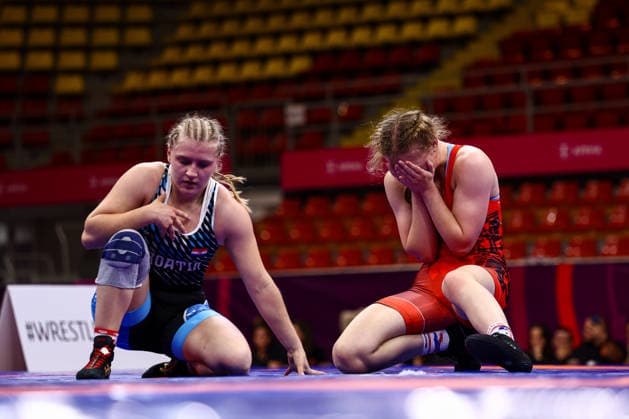 Ringen, U20 EM in Skopje U20 European Championships 72kg WW - Greta Tverskyte (LTU) df. Veronika Vilk (CRO) *** U20 European Championships, 72 kg Open Weight: Greta Tverskyte (LTU) defeated Veronika Vilk (CRO) Copyright: xJakexKirkmanx xUnitedxWorldxWresx Jake Kirkman United World Wres