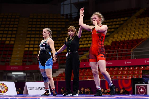 Ringen, U20 EM in Skopje U20 European Championships 72kg WW - Greta Tverskyte (LTU) df. Veronika Vilk (CRO) *** U20 European Championships, 72 kg Open Weight: Greta Tverskyte (LTU) defeated Veronika Vilk (CRO) Copyright: xJakexKirkmanx xUnitedxWorldxWrestlingx Jake Kirkman United World Wrestling