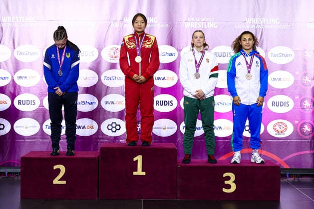 Ringen, U20 EM in Skopje U20 European Championships Podium 57kg WW - Gold: Dolzhon Tsyngueva (RUS), Silver: Diana Kotvytska (UKR), Bronze: Liliana Kapuvari (HUN), Fabiana Rinella (ITA) *** U20 European Championships Podium: 57kg Open Weight—Gold: Dolzhon Tsyngueva (RUS); Silver: Diana Kotvytska (UKR); Bronze: Liliana Kapuvari (HUN) and Fabiana Rinella (ITA) Copyright: xJakexKirkmanx xUnitedxWorldxWresx Jake Kirkman United World Wres