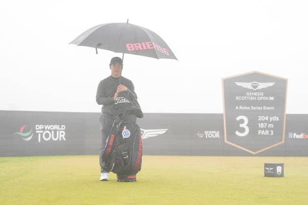 NORTH BERWICK, SCOTLAND - JULY 11: Yuto Katsuragawa waits in the fog on the 3rd tee during Round 3 of the Genesis Scottish Open at the Renaissance Club, North Berwick on July 11, 2026 in North Berwick, Scotland Genesis Scottish Open Round 3