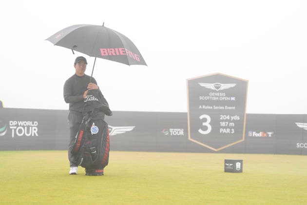 NORTH BERWICK, SCOTLAND - JULY 11: Yuto Katsuragawa waits in the fog on the 3rd tee during Round 3 of the Genesis Scottish Open at the Renaissance Club, North Berwick on July 11, 2026 in North Berwick, Scotland Genesis Scottish Open Round 3