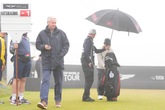 NORTH BERWICK, SCOTLAND - JULY 11: A tournament official assess the foggy conditions on the 3rd tee during Round 3 of the Genesis Scottish Open at the Renaissance Club, North Berwick on July 11, 2026 in North Berwick, Scotland Genesis Scottish Open Round 3