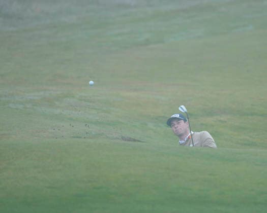 NORTH BERWICK, SCOTLAND - JULY 11: Viktor Hovland plays from a bunker on the second green during Round 3 of the Genesis Scottish Open at the Renaissance Club, North Berwick on July 11, 2026 in North Berwick, Scotland Genesis Scottish Open Round 3