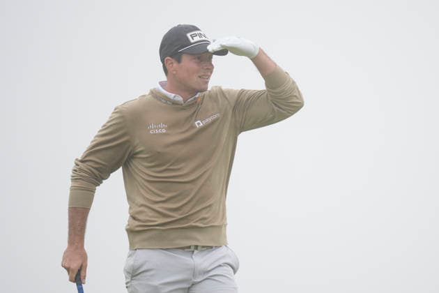 NORTH BERWICK, SCOTLAND - JULY 11: Viktor Hovland looks through the fog on the 3rd tee during Round 3 of the Genesis Scottish Open at the Renaissance Club, North Berwick on July 11, 2026 in North Berwick, Scotland Genesis Scottish Open Round 3
