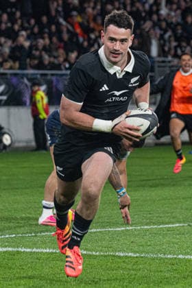 July 11, 2026, Wellington, Wellington City, New Zealand: Nations Championship 2026 - New Zealand vs. Italy: New Zealand v Italy: July 11th, 2026, Wellington, Wellington City, New Zealand: Will Jordan of New Zealand (14 centre) looks on after evading the attentions of an Italian players last ditch attempt to tackle him during the Nations Championship 2026 fixture between the New Zealand and Italy at the Hnry Stadium in Wellington. Wellington New Zealand - ZUMAf189 20260711_zsp_f189_033 Copyright: xJamesxFoyx