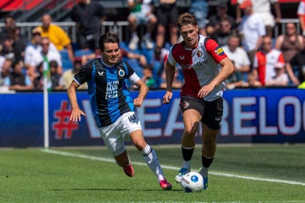 ROTTERDAM, 11-07-2026, Stadium Feijenoord de Kuip , Pre-season friendly Feyenoord - Club Brugge , Season 2026 2027 , Picture shows Club Brugge Player Hugo Vetlesen and Feyenoord player Thijs Kraaijeveld Feyenoord - Club Brugge  x204976335x Copyright: