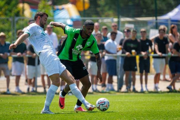 Cercle s Steve Eyrolle Ngoura and Lommel s Dries Wouters fight for the ball during a friendly soccer game between first division soccer team Cercle Brugge and Lommel SK, on Saturday 11 July 2026 in Brugge, in preparation of the upcoming 2026-2027 Belgian first division soccer season. KURTxDESPLENTER  x180928630x