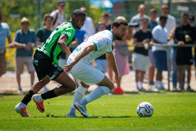 Cercle s Steve Eyrolle Ngoura and Lommel s Dries Wouters fight for the ball during a friendly soccer game between first division soccer team Cercle Brugge and Lommel SK, on Saturday 11 July 2026 in Brugge, in preparation of the upcoming 2026-2027 Belgian first division soccer season. KURTxDESPLENTER  x180928634x