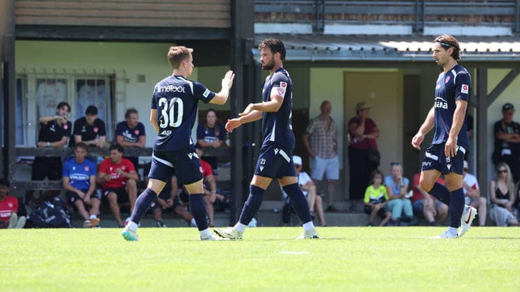 11.07.2026, xrekx, Fussball Testspiel, SV Elversberg - FC Thun v.l. Nico Maier (FC Thun) Marco Buerki (FC Thun) Jan Bamert (FC Thun) bejubeln den Treffer (DFL DFB REGULATIONS PROHIBIT ANY USE OF PHOTOGRAPHS as IMAGE SEQUENCES and or QUASI-VIDEO) Rust *** July 11, 2026, xrekx, Soccer friendly match: SV Elversberg vs. FC Thun. Nico Maier (FC Thun), Marco Buerki (FC Thun), and Jan Bamert (FC Thun) celebrate the goal. DFL and DFB regulations prohibit any use of photographs as image sequences and or quasi-video. Rust