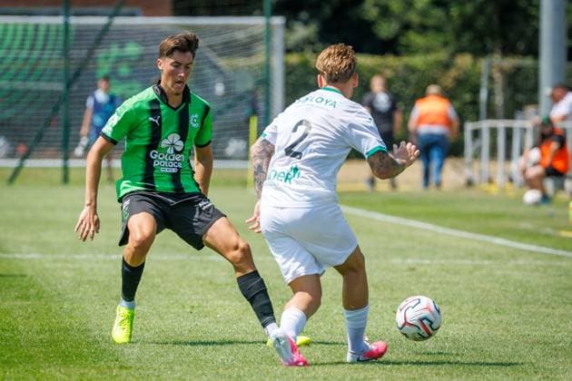 Cercle s Sebbe Gheerardyns pictured in action during a friendly soccer game between first division soccer team Cercle Brugge and Lommel SK, on Saturday 11 July 2026 in Brugge, in preparation of the upcoming 2026-2027 Belgian first division soccer season. KURTxDESPLENTER  x180928940x