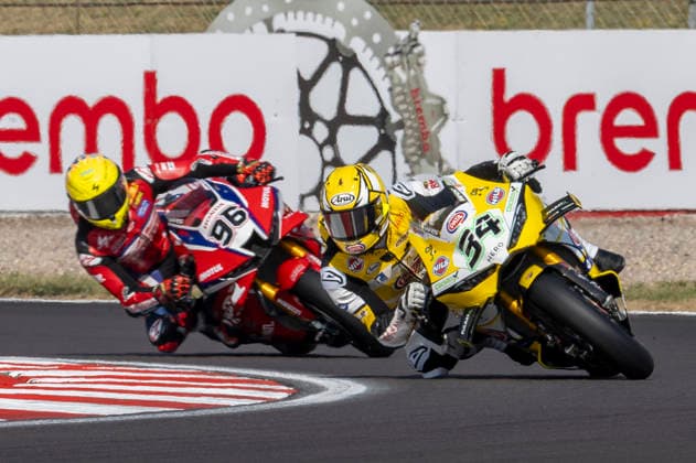 RECORD DATE NOT STATED 11th July 2026: Donington Park, Leicestershire, England; Motul FIM World Superbike Championship Donington 2025, Day 2; Lorenzo Baldassarri on his Team PATA GoEleven Ducati Panigale V4 R ahed of Jake Dixon on his Honda HRC Honda CBR1000RR-R during Free Practice 3 TimxWilliams